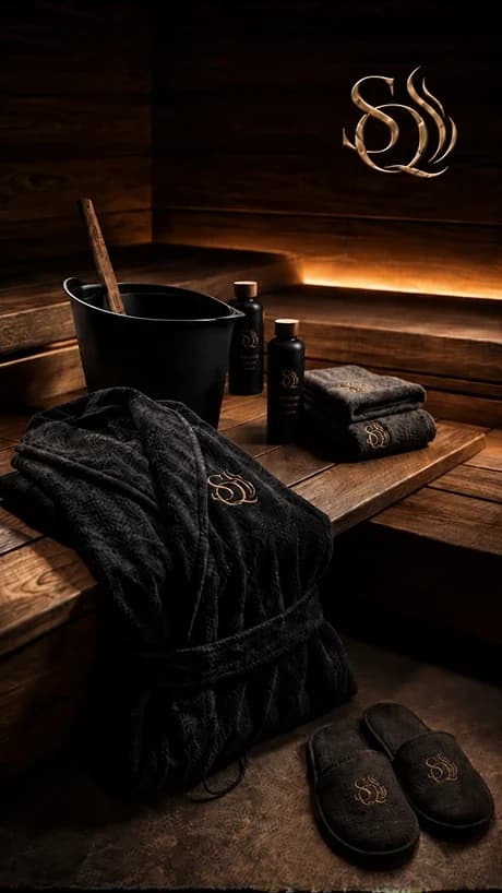 Bademantel, Handtücher, Aufgusskübel und Slipper auf der Bank einer Saunakabine